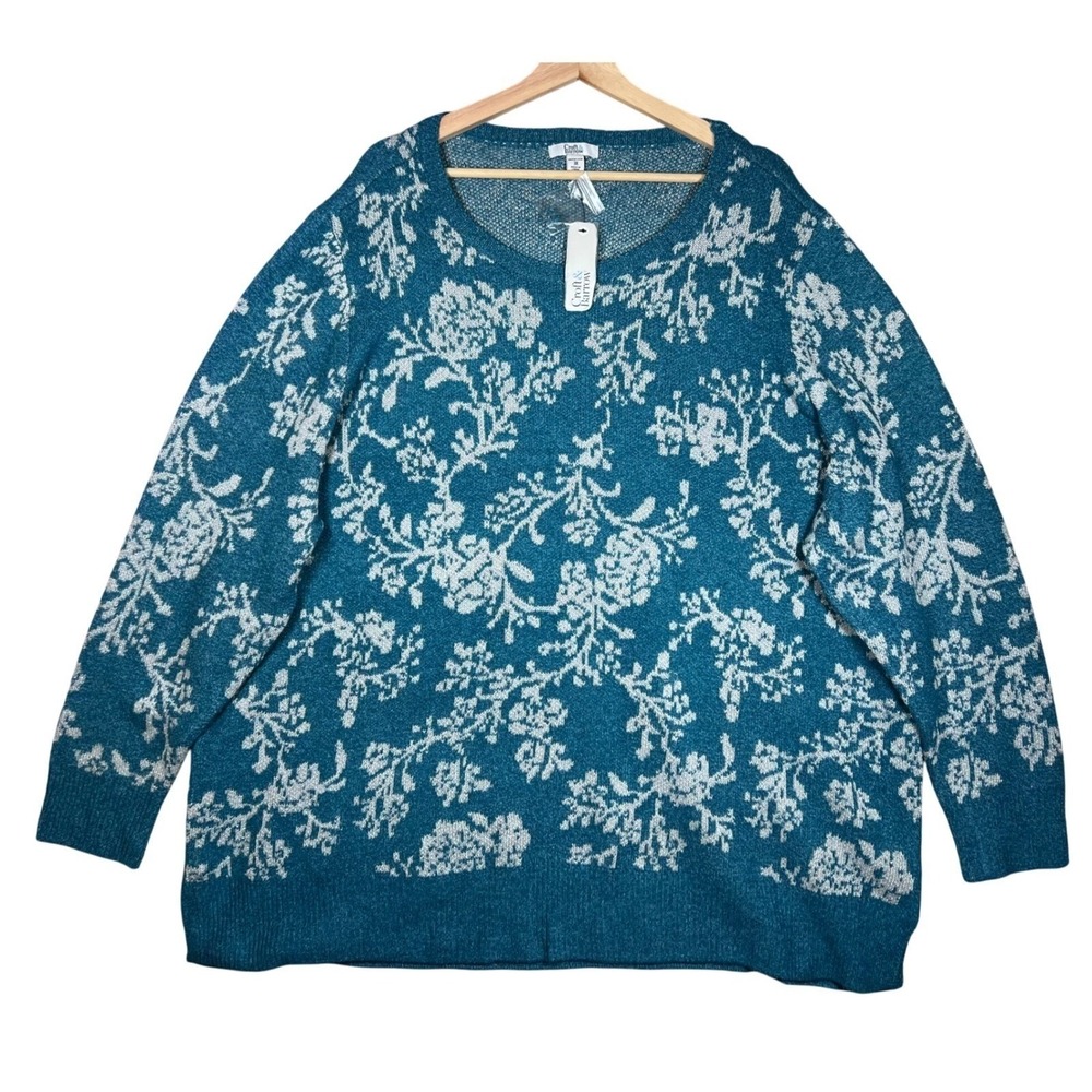 Croft & Barrow Womens 3X Teal Blue Floral Damask Crewneck Sweater WC94S020PP NEW